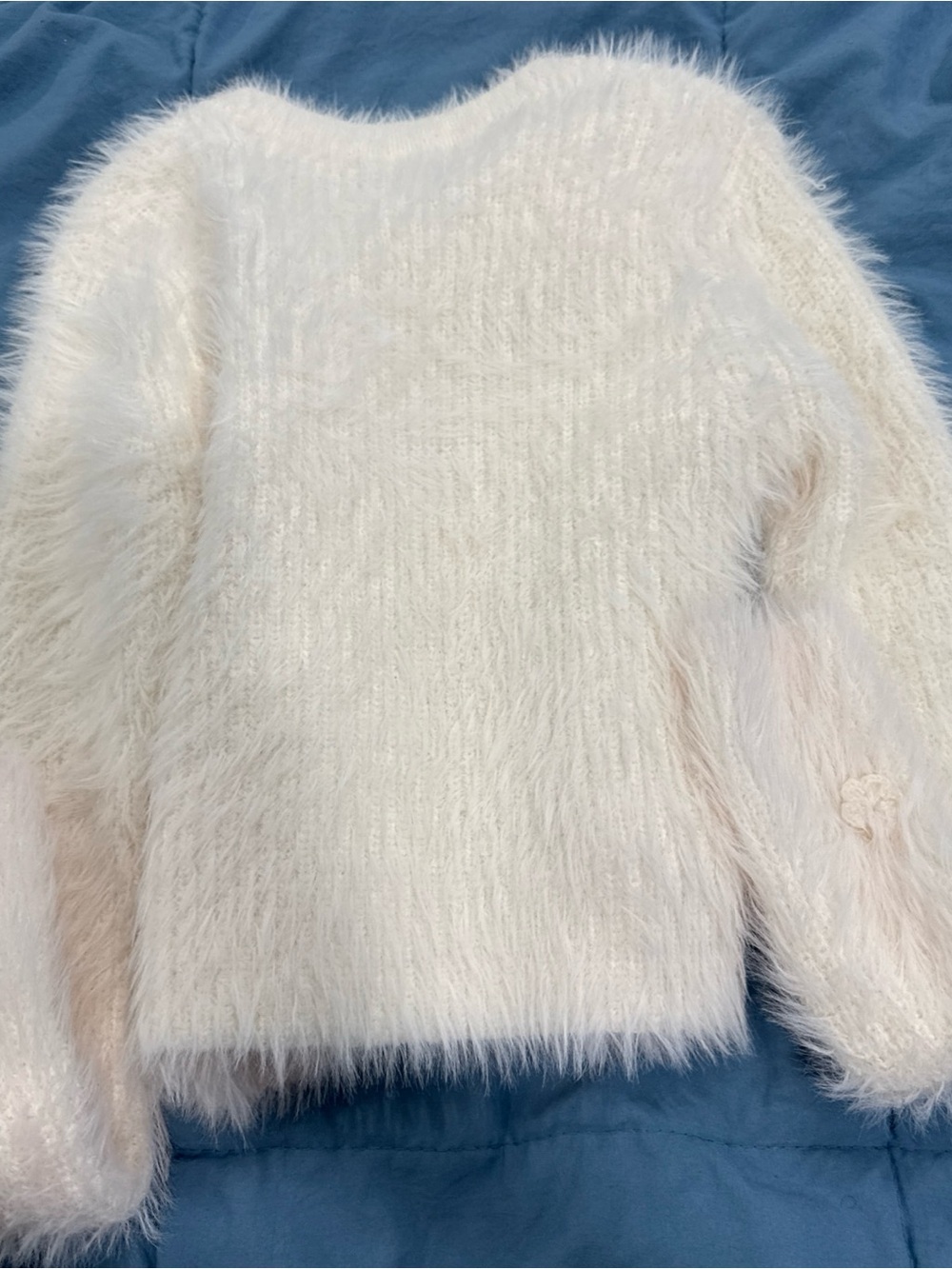 Zara Cream Fuzzy Crewneck Sweater with Floral Rosette Details - Picture 4 of 5